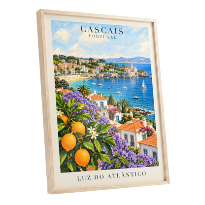 Cascais in Bloom, blue, green, orange nature wall art shown as a oak framed poster wall art print