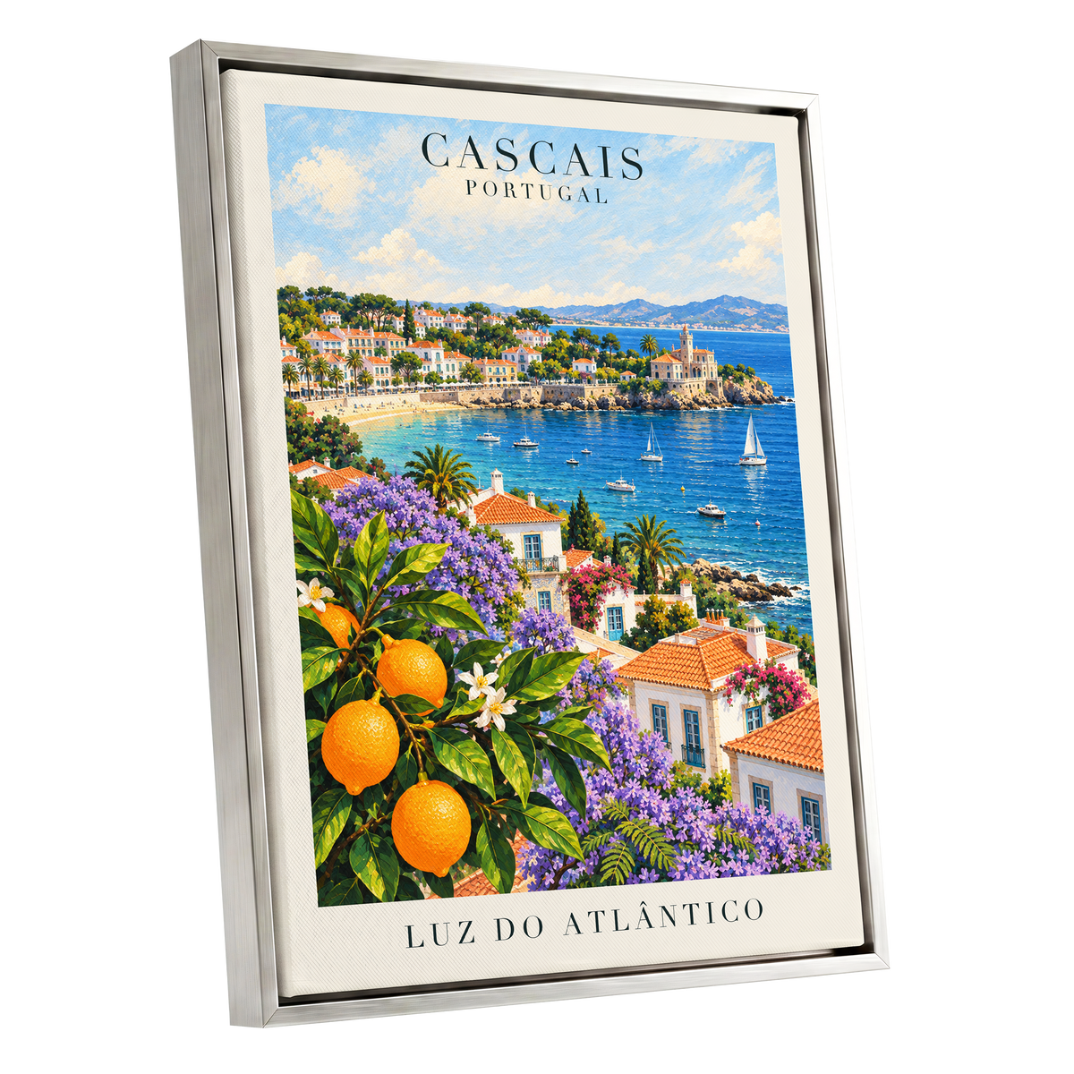 Cascais in Bloom, blue, green, orange nature wall art shown as a silver framed canvas wall art