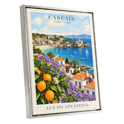 Cascais in Bloom, blue, green, orange nature wall art shown as a silver framed canvas wall art
