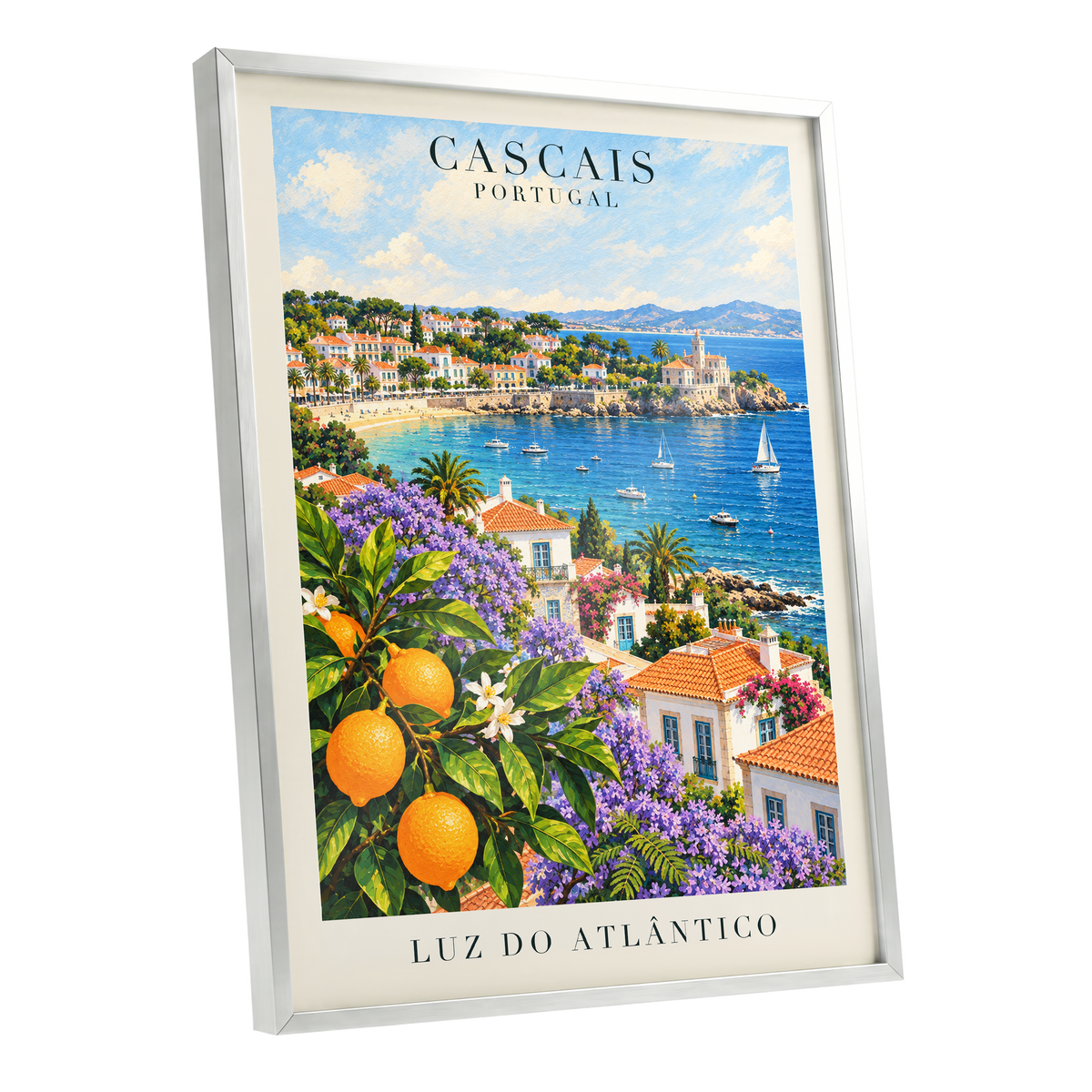 Cascais in Bloom, blue, green, orange nature wall art shown as a silver framed poster wall art print
