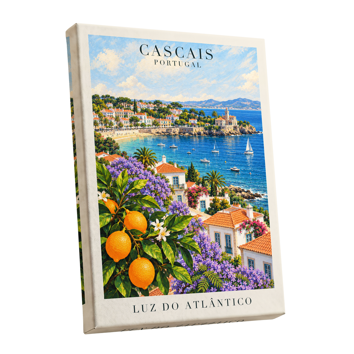 Cascais in Bloom, blue, green, orange nature wall art shown as a stretched canvas wall art