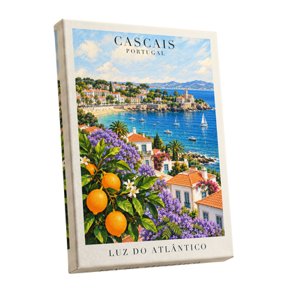 Cascais in Bloom, blue, green, orange nature wall art shown as a stretched canvas wall art