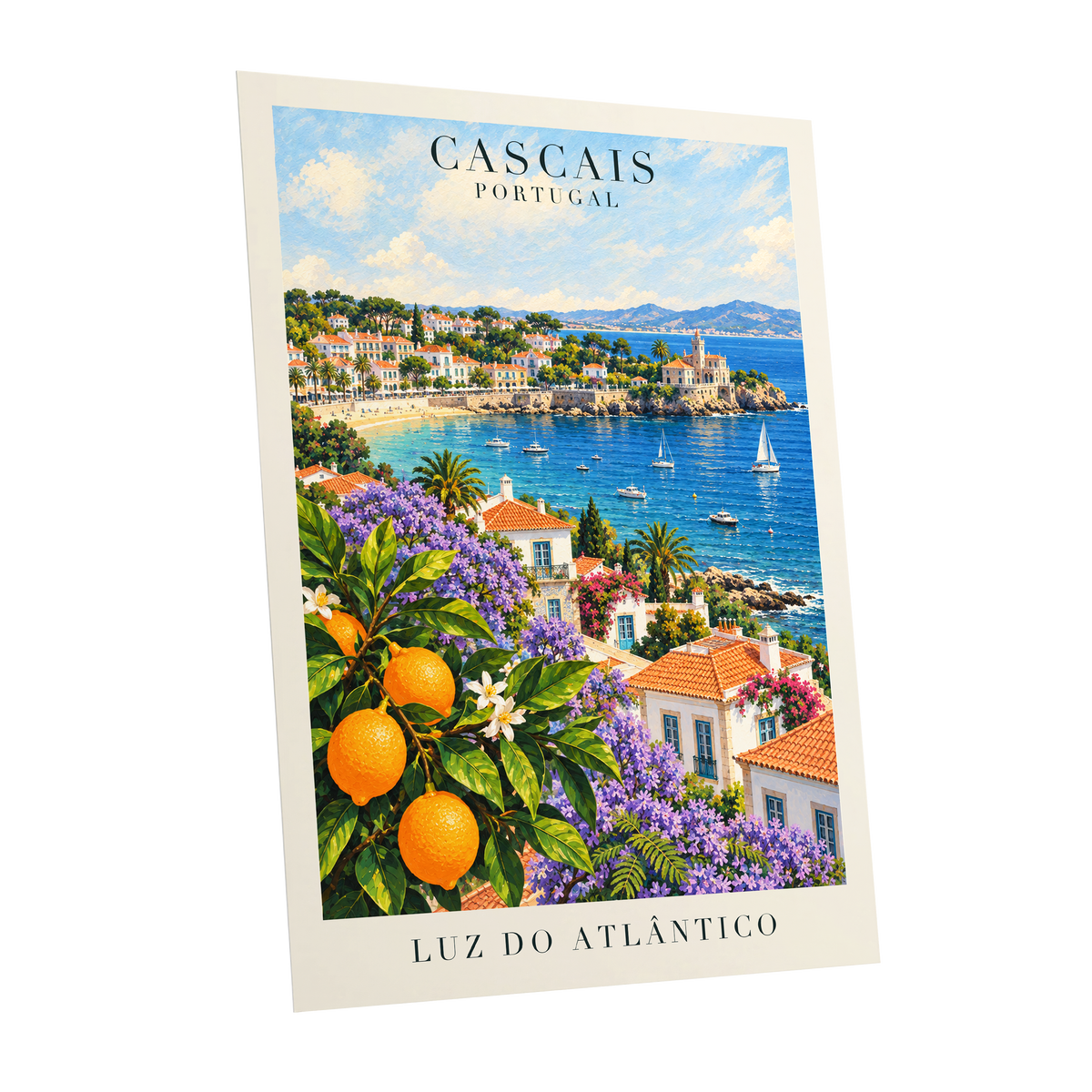 Cascais in Bloom, blue, green, orange nature wall art shown as a unframed poster wall art print