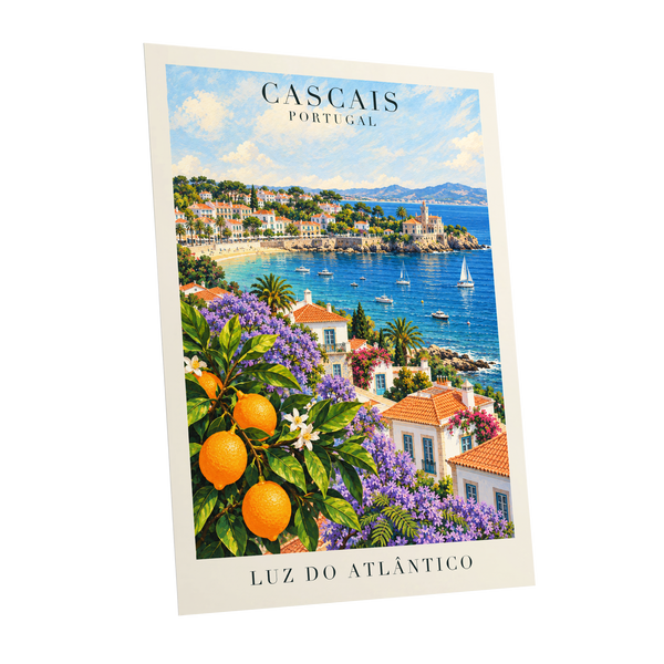 Cascais in Bloom, blue, green, orange nature wall art shown as a unframed poster wall art print
