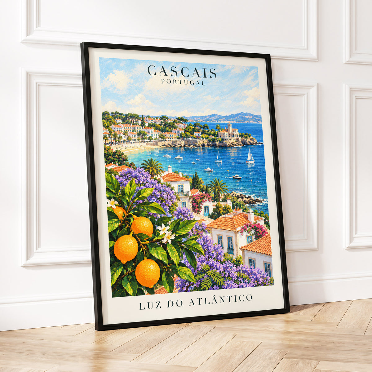 Cascais in Bloom, blue, green, orange nature wall art displayed in a styled interior, gallery view 2