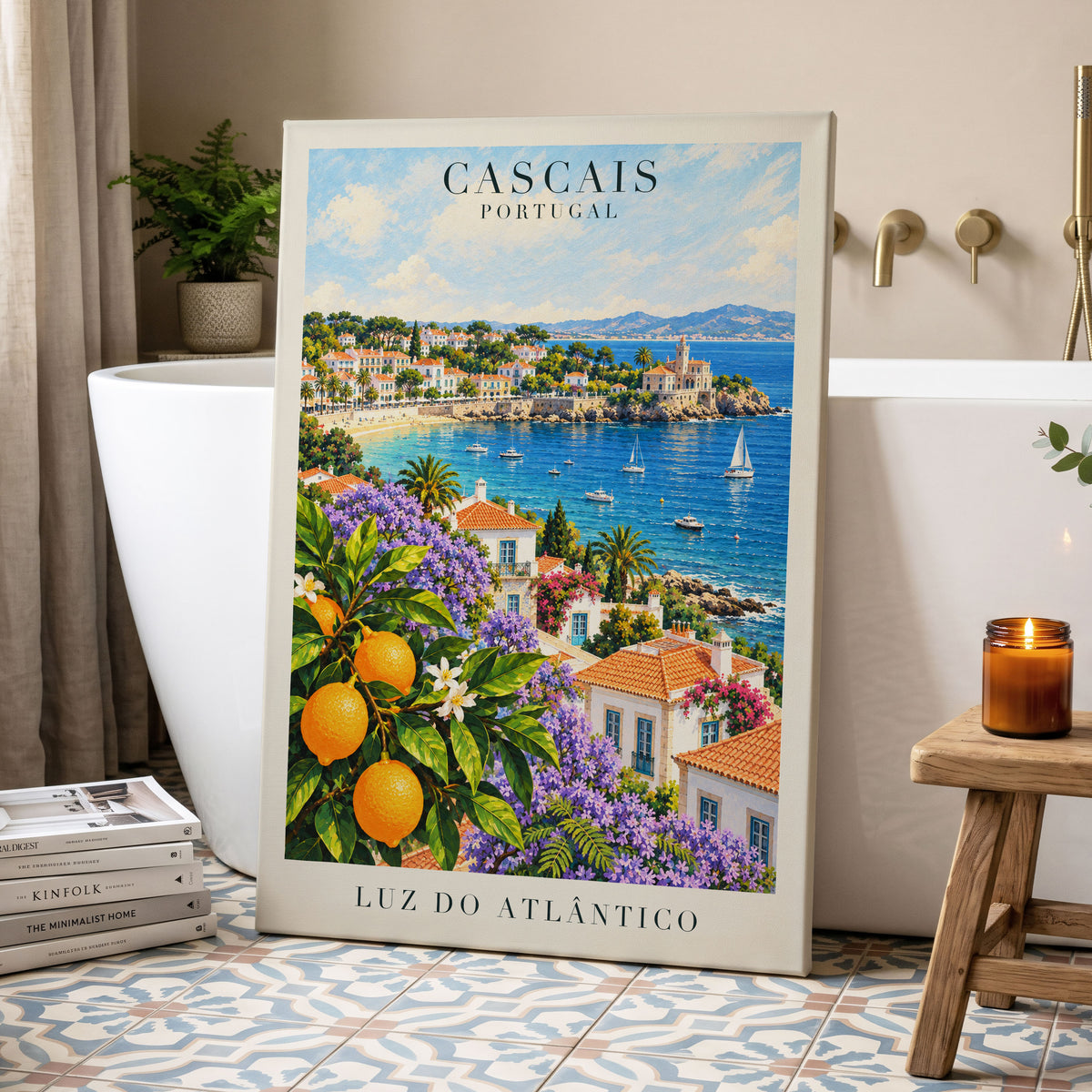 Cascais in Bloom, blue, green, orange nature wall art displayed in a styled interior, gallery view 3
