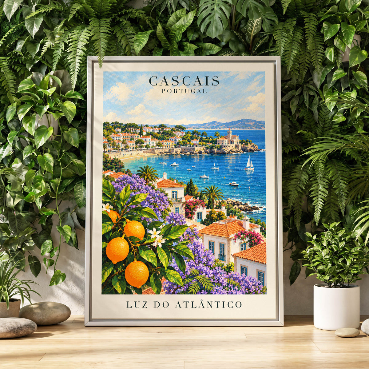 Cascais in Bloom, blue, green, orange nature wall art displayed in a styled interior, gallery view 4