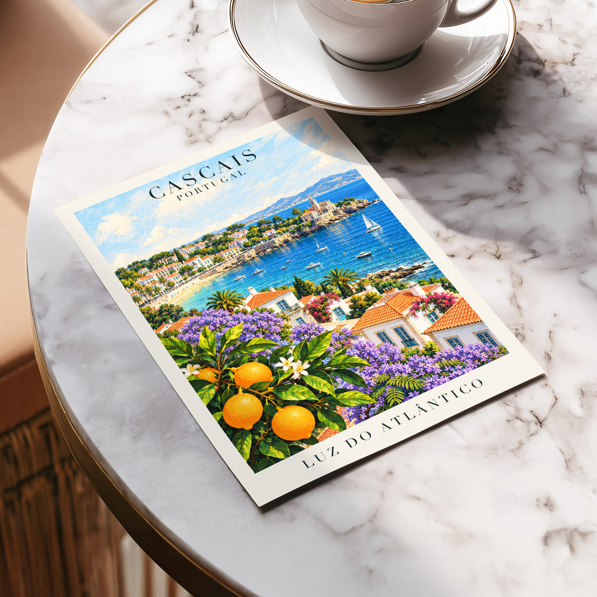 Cascais in Bloom, blue, green, orange nature wall art displayed in a styled interior, gallery view 5