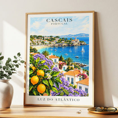 Cascais in Bloom, blue, green, orange nature wall art displayed in a styled interior, gallery view 6