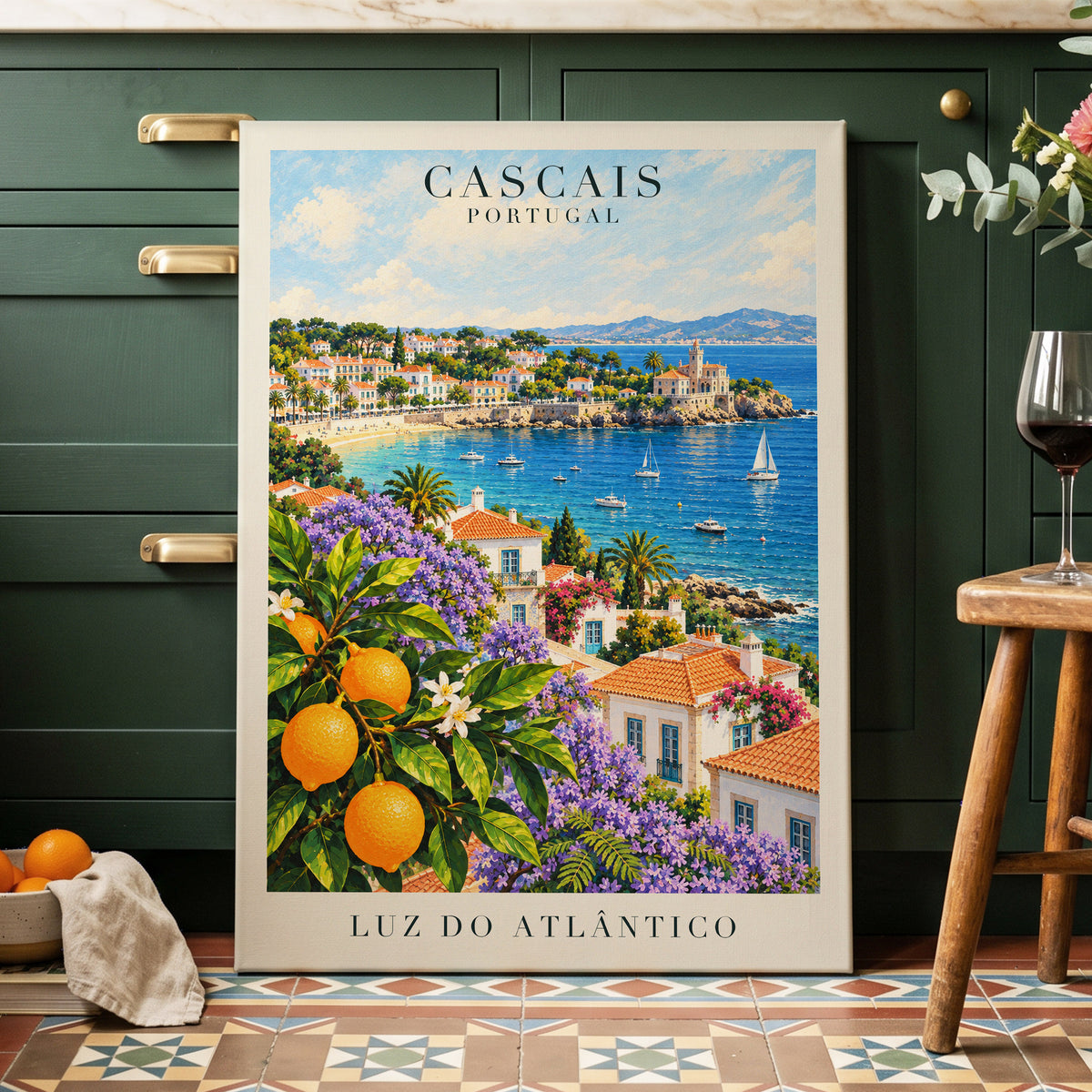 Cascais in Bloom, blue, green, orange nature wall art displayed in a styled interior, gallery view 7