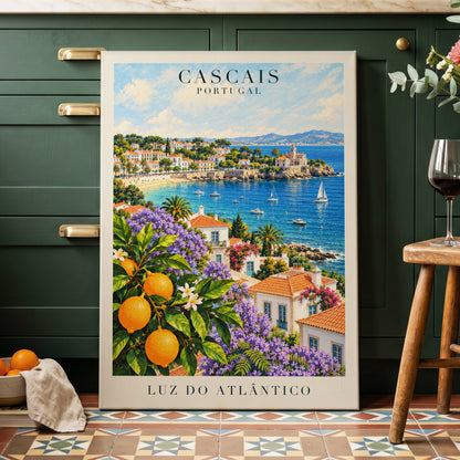 Cascais in Bloom, blue, green, orange nature wall art displayed in a styled interior, gallery view 7