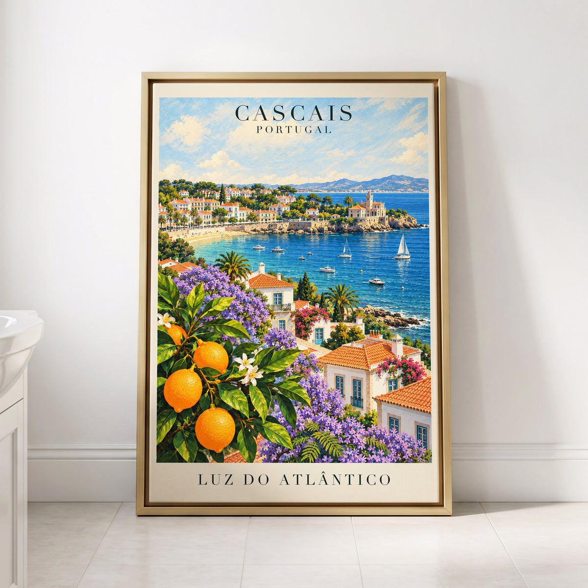 Cascais in Bloom, blue, green, orange nature wall art displayed in a styled interior, gallery view 8