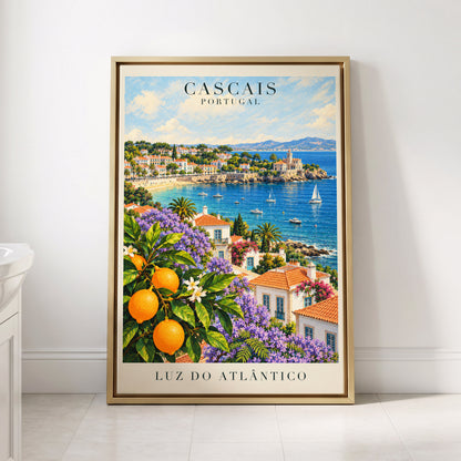 Cascais in Bloom, blue, green, orange nature wall art displayed in a styled interior, gallery view 8