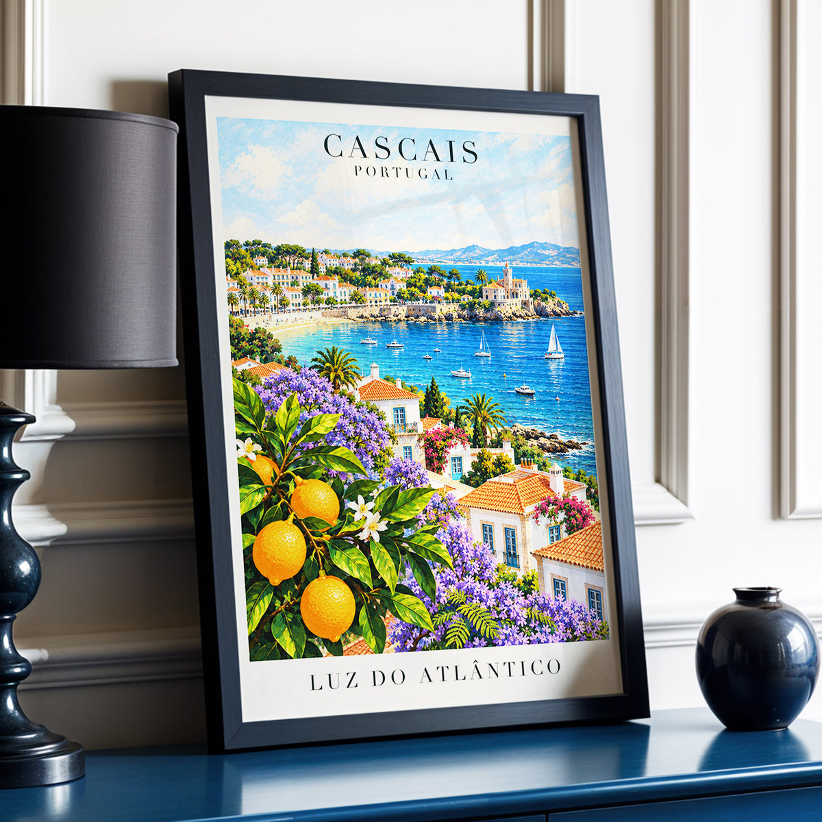 Cascais in Bloom, blue, green, orange nature wall art displayed in a styled interior, gallery view 9