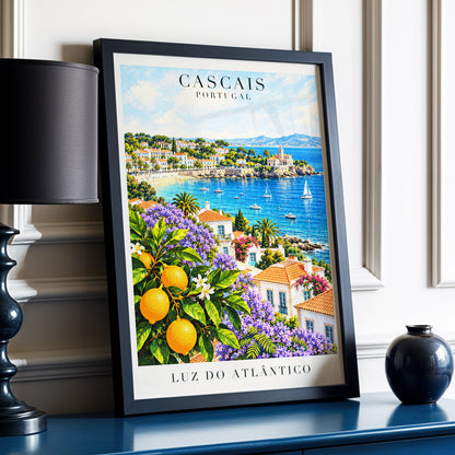 Cascais in Bloom, blue, green, orange nature wall art displayed in a styled interior, gallery view 9