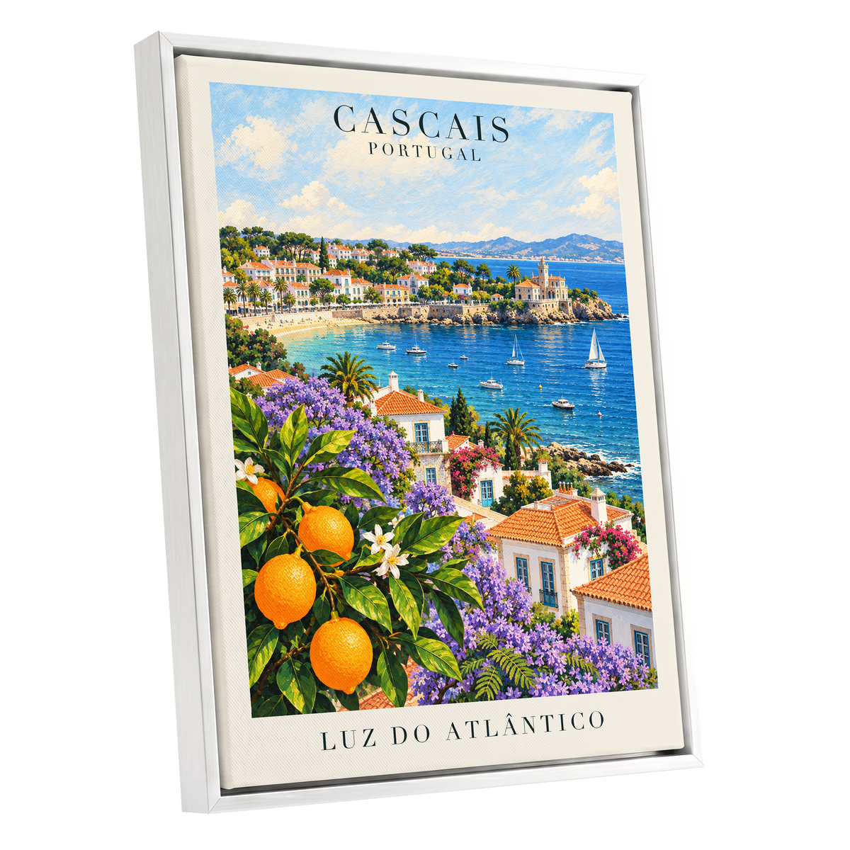 Cascais in Bloom, blue, green, orange nature wall art shown as a white framed canvas wall art