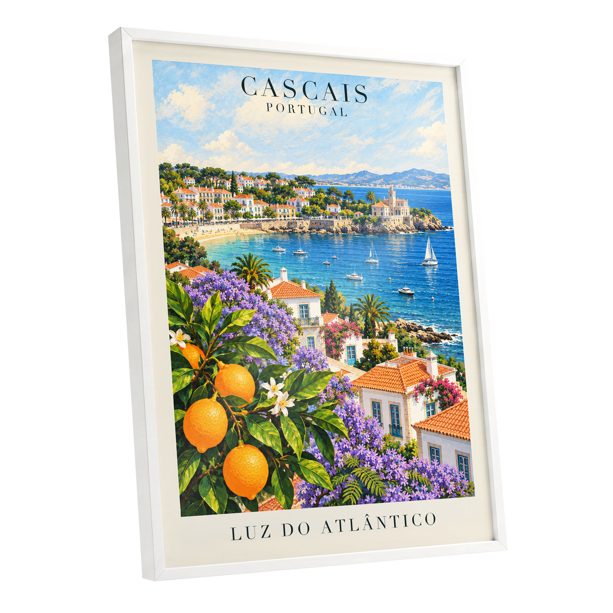 Cascais in Bloom, blue, green, orange nature wall art shown as a white framed poster wall art print