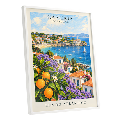 Cascais in Bloom, blue, green, orange nature wall art shown as a white framed poster wall art print