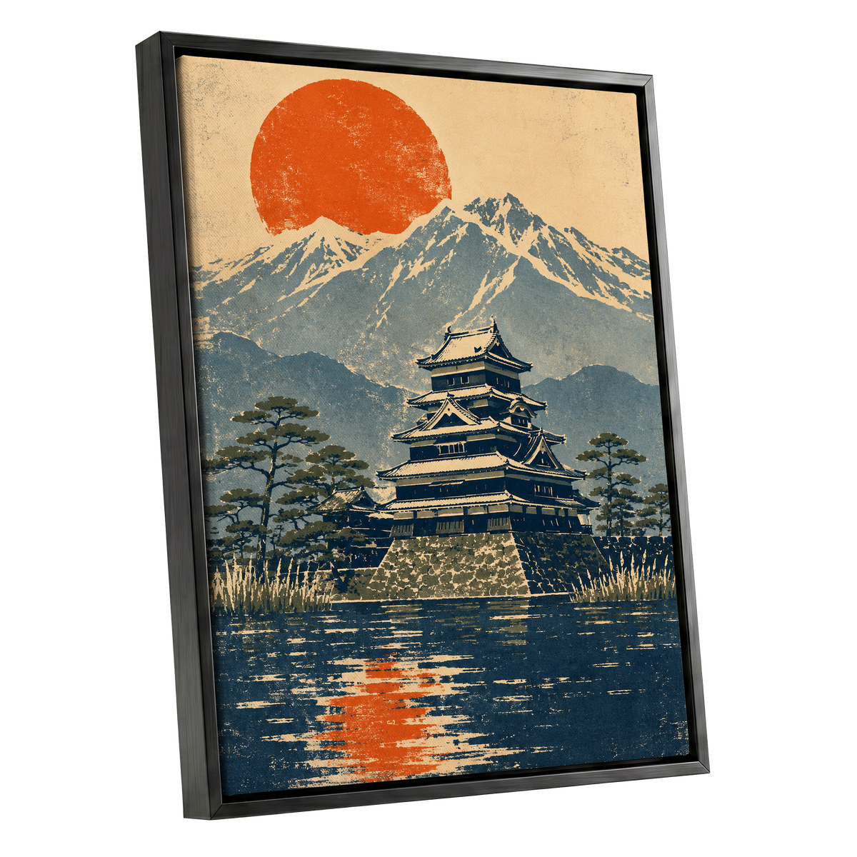 Castle Beneath the Ember Sun, beige, blue, orange nature wall art shown as a black framed canvas wall art
