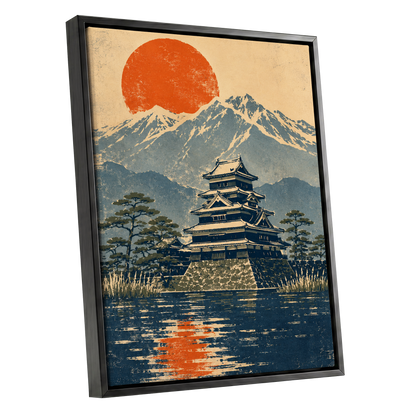 Castle Beneath the Ember Sun, beige, blue, orange nature wall art shown as a black framed canvas wall art