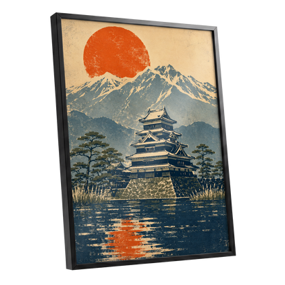 Castle Beneath the Ember Sun, beige, blue, orange nature wall art shown as a black framed poster wall art print