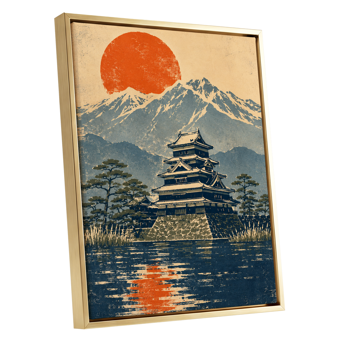 Castle Beneath the Ember Sun, beige, blue, orange nature wall art shown as a gold framed canvas wall art