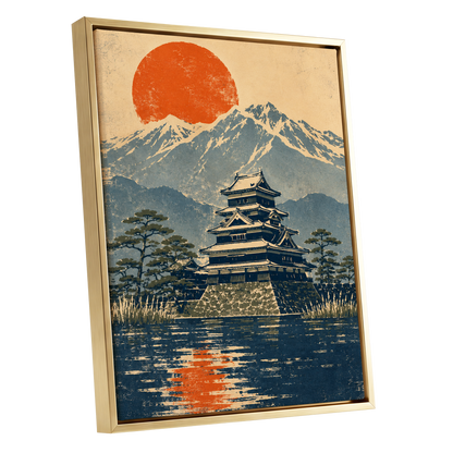 Castle Beneath the Ember Sun, beige, blue, orange nature wall art shown as a gold framed canvas wall art