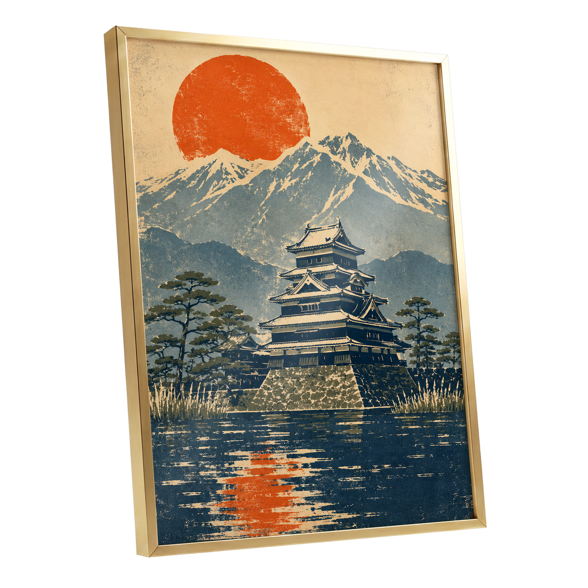 Castle Beneath the Ember Sun, beige, blue, orange nature wall art shown as a gold framed poster wall art print