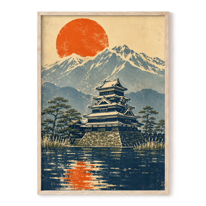 Castle Beneath the Ember Sun, beige, blue, orange nature wall art, front artwork view