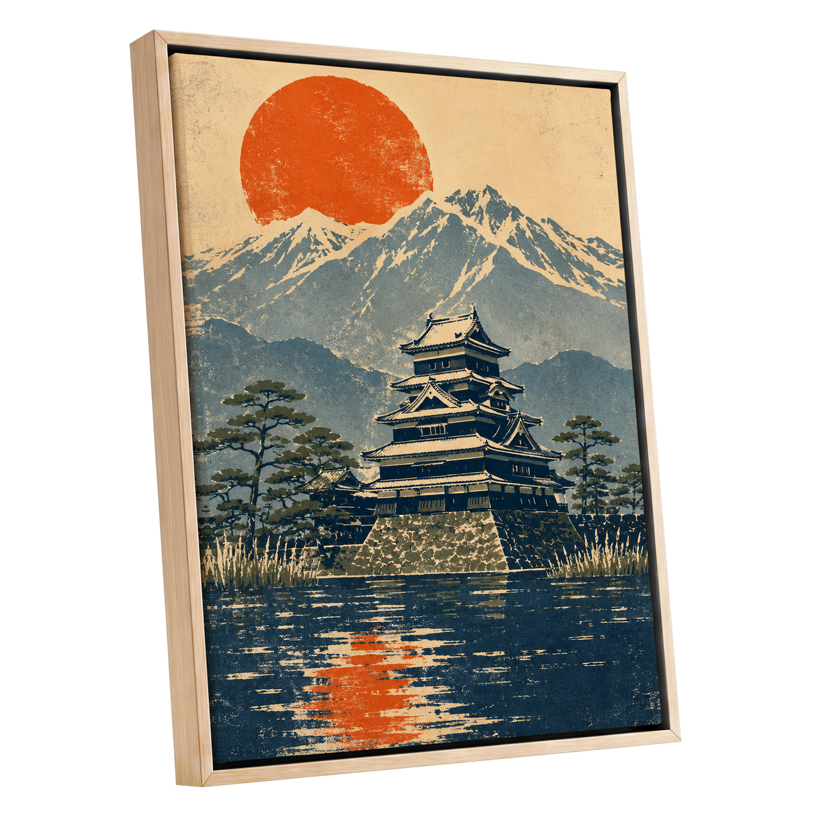 Castle Beneath the Ember Sun, beige, blue, orange nature wall art shown as a oak framed canvas wall art