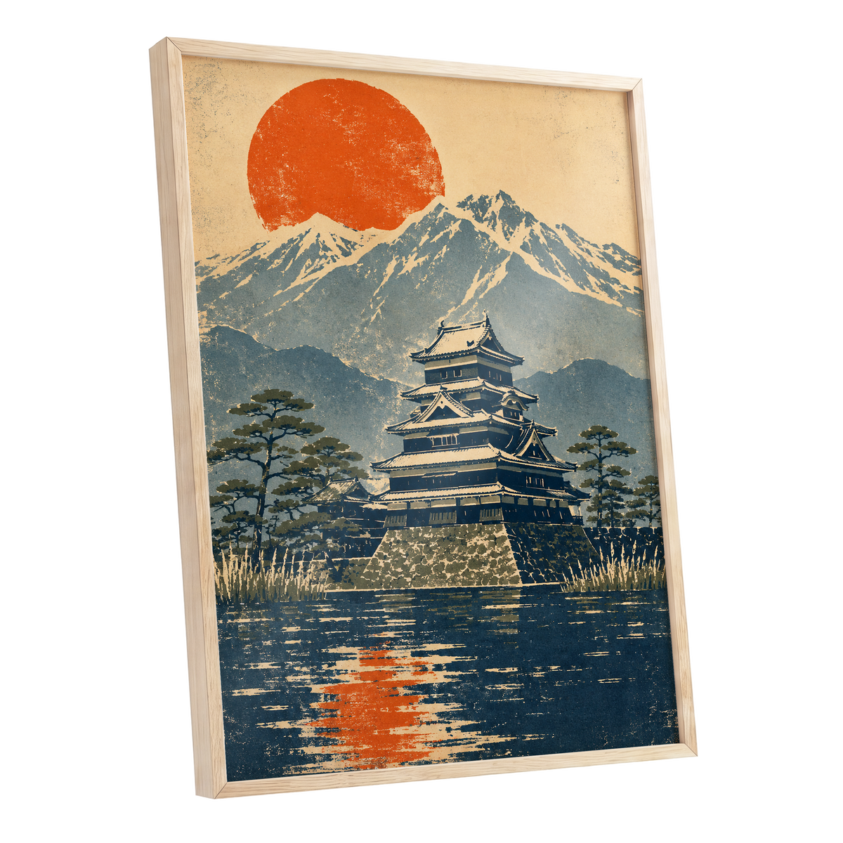Castle Beneath the Ember Sun, beige, blue, orange nature wall art shown as a oak framed poster wall art print