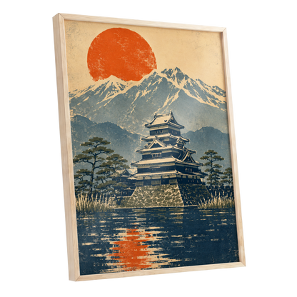Castle Beneath the Ember Sun, beige, blue, orange nature wall art shown as a oak framed poster wall art print