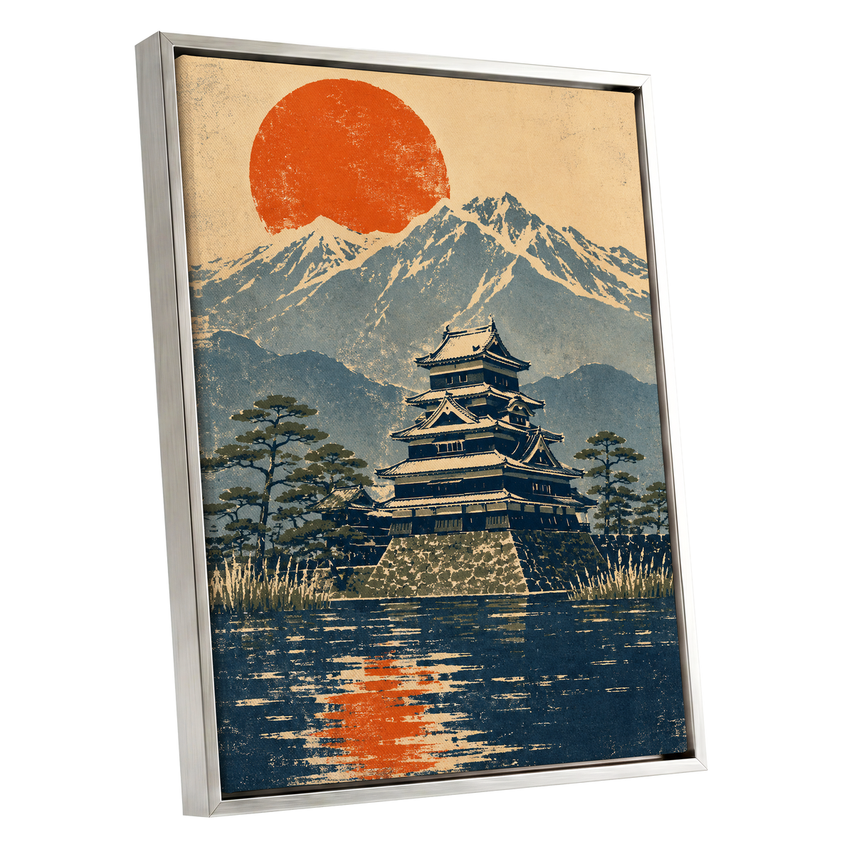 Castle Beneath the Ember Sun, beige, blue, orange nature wall art shown as a silver framed canvas wall art