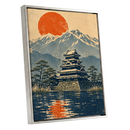 Castle Beneath the Ember Sun, beige, blue, orange nature wall art shown as a silver framed canvas wall art