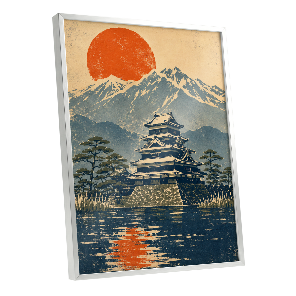 Castle Beneath the Ember Sun, beige, blue, orange nature wall art shown as a silver framed poster wall art print