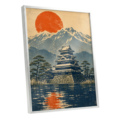 Castle Beneath the Ember Sun, beige, blue, orange nature wall art shown as a silver framed poster wall art print