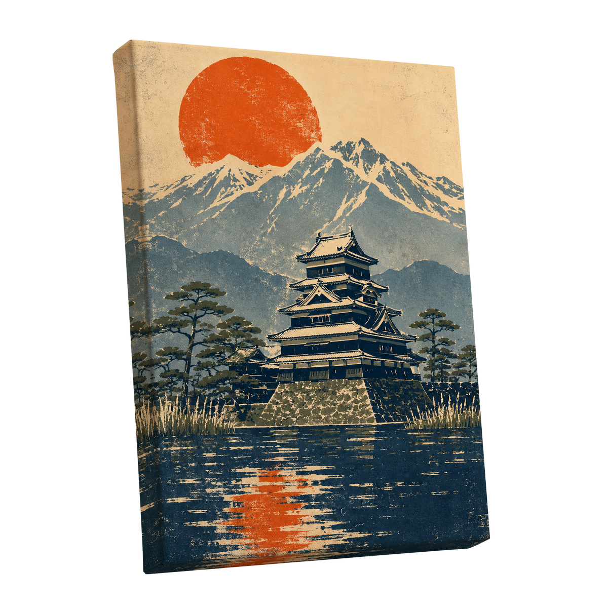 Castle Beneath the Ember Sun, beige, blue, orange nature wall art shown as a stretched canvas wall art