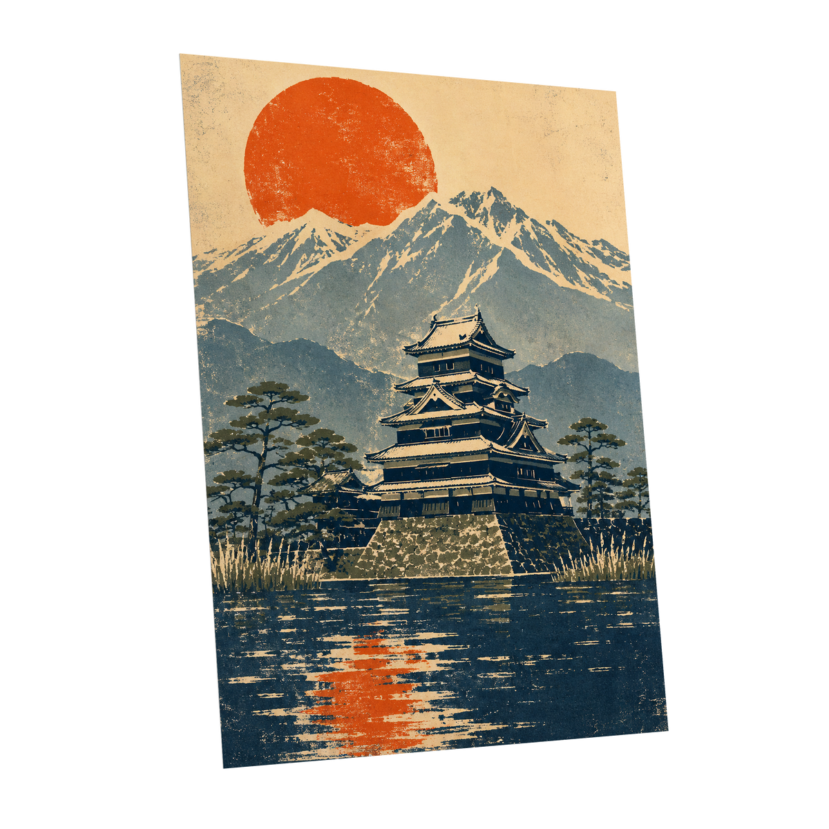 Castle Beneath the Ember Sun, beige, blue, orange nature wall art shown as a unframed poster wall art print