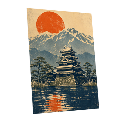 Castle Beneath the Ember Sun, beige, blue, orange nature wall art shown as a unframed poster wall art print