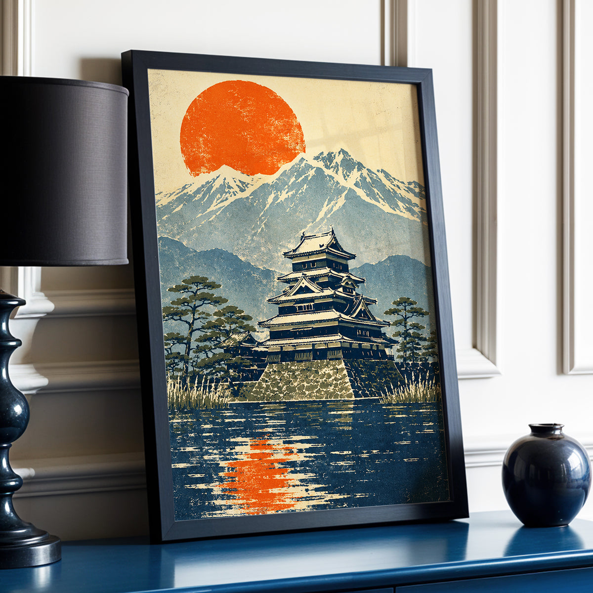 Castle Beneath the Ember Sun, beige, blue, orange nature wall art displayed in a styled interior, gallery view 2