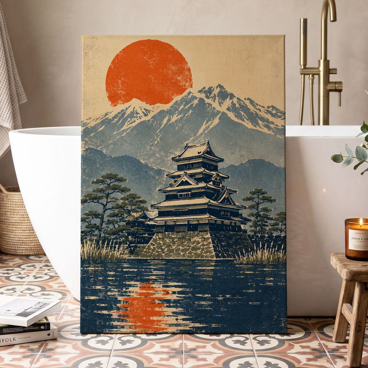 Castle Beneath the Ember Sun, beige, blue, orange nature wall art displayed in a styled interior, gallery view 3