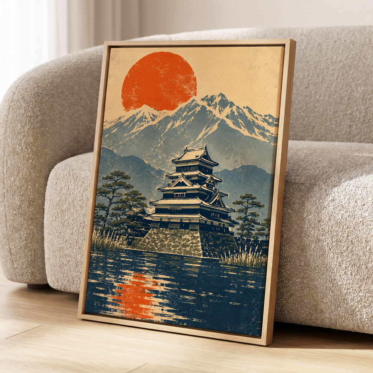 Castle Beneath the Ember Sun, beige, blue, orange nature wall art displayed in a styled interior, gallery view 4