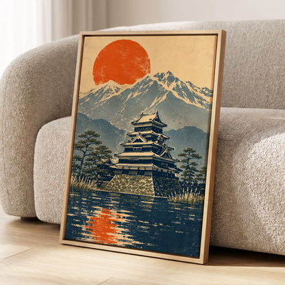 Castle Beneath the Ember Sun, beige, blue, orange nature wall art displayed in a styled interior, gallery view 4