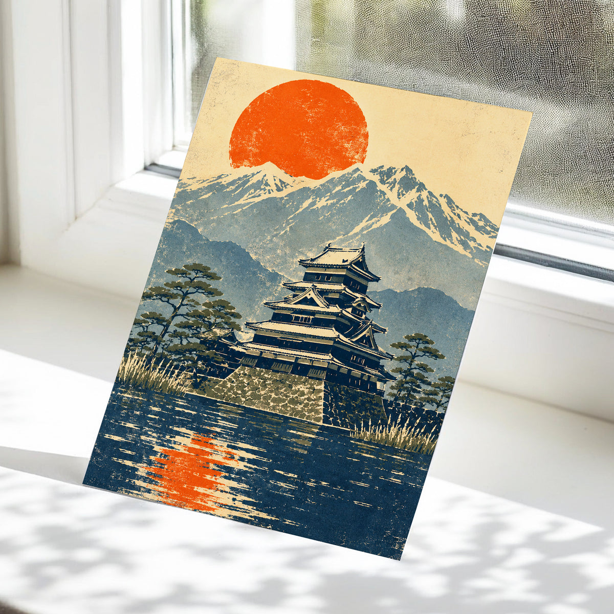 Castle Beneath the Ember Sun, beige, blue, orange nature wall art displayed in a styled interior, gallery view 5