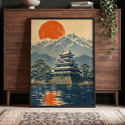 Castle Beneath the Ember Sun, beige, blue, orange nature wall art displayed in a styled interior, gallery view 6