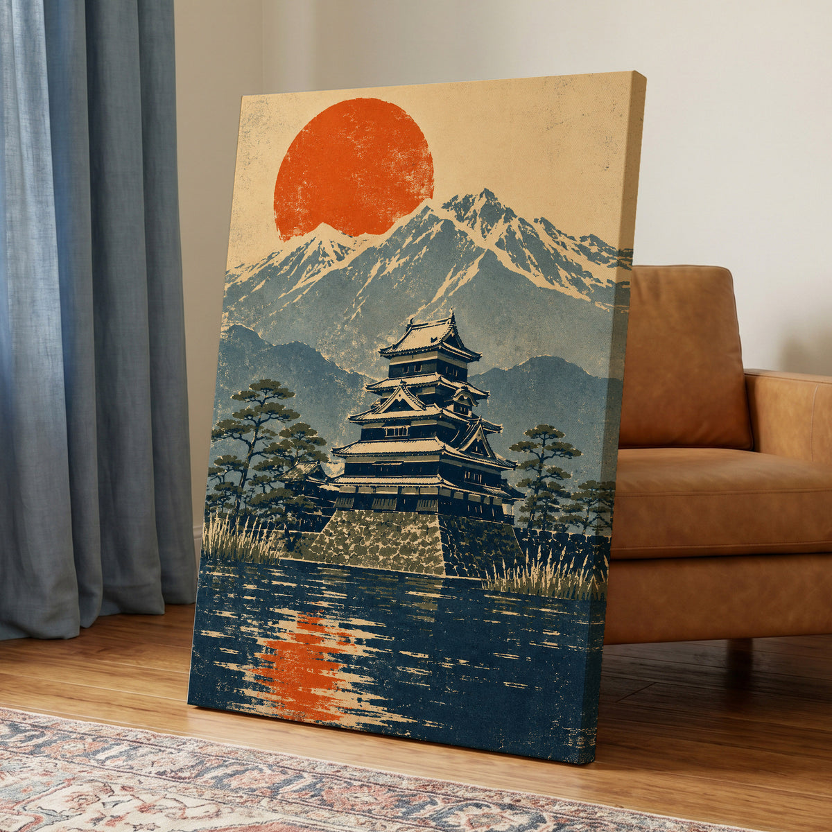 Castle Beneath the Ember Sun, beige, blue, orange nature wall art displayed in a styled interior, gallery view 7