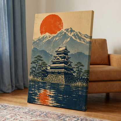 Castle Beneath the Ember Sun, beige, blue, orange nature wall art displayed in a styled interior, gallery view 7
