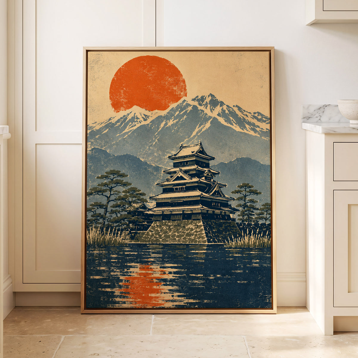Castle Beneath the Ember Sun, beige, blue, orange nature wall art displayed in a styled interior, gallery view 8