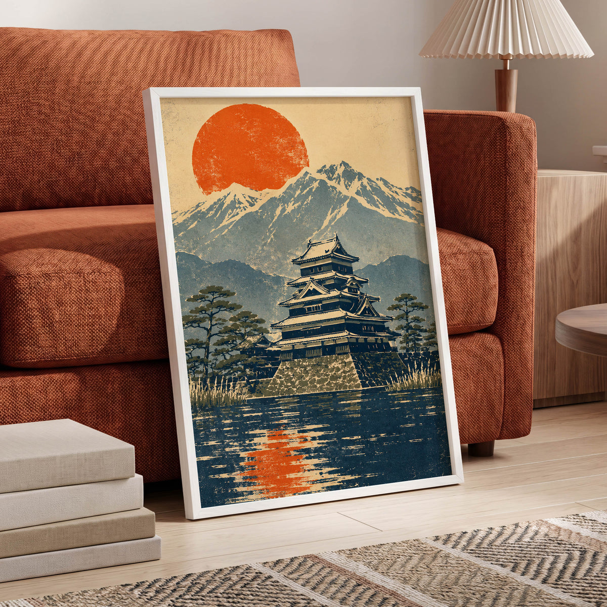 Castle Beneath the Ember Sun, beige, blue, orange nature wall art displayed in a styled interior, gallery view 9