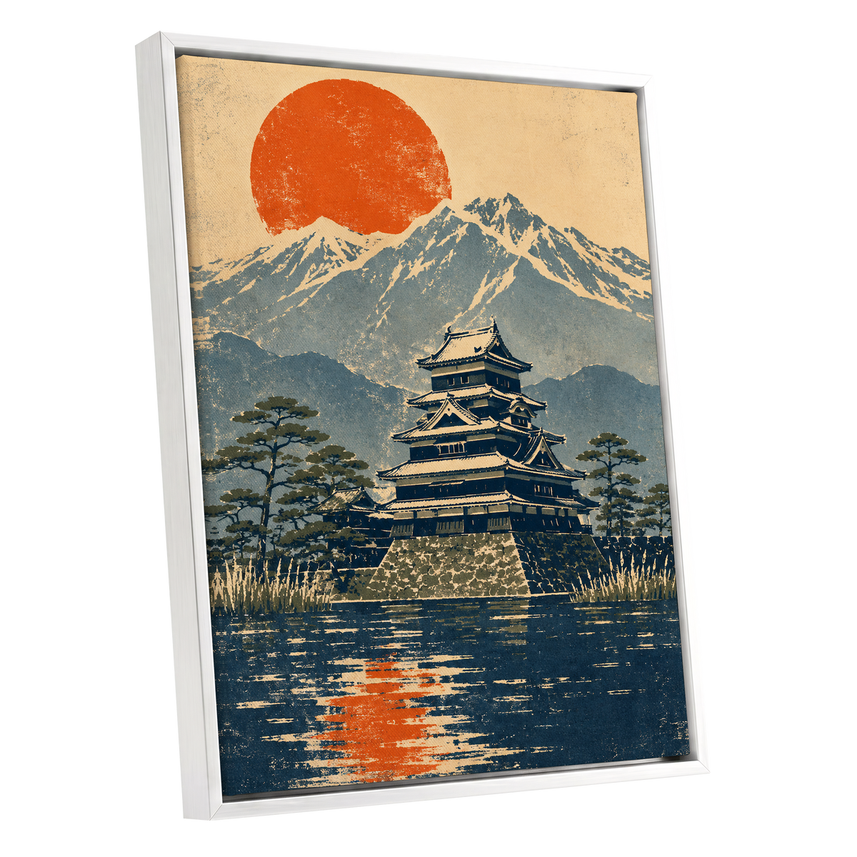Castle Beneath the Ember Sun, beige, blue, orange nature wall art shown as a white framed canvas wall art